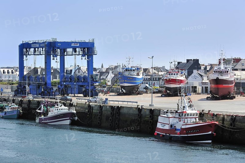 Trawler fishing boats on shipbuilding yard for maintenance works in the Guilvinec port