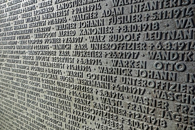 Names of fallen German soldiers at the First World War One military cemetery Deutscher Soldatenfriedhof Langemark