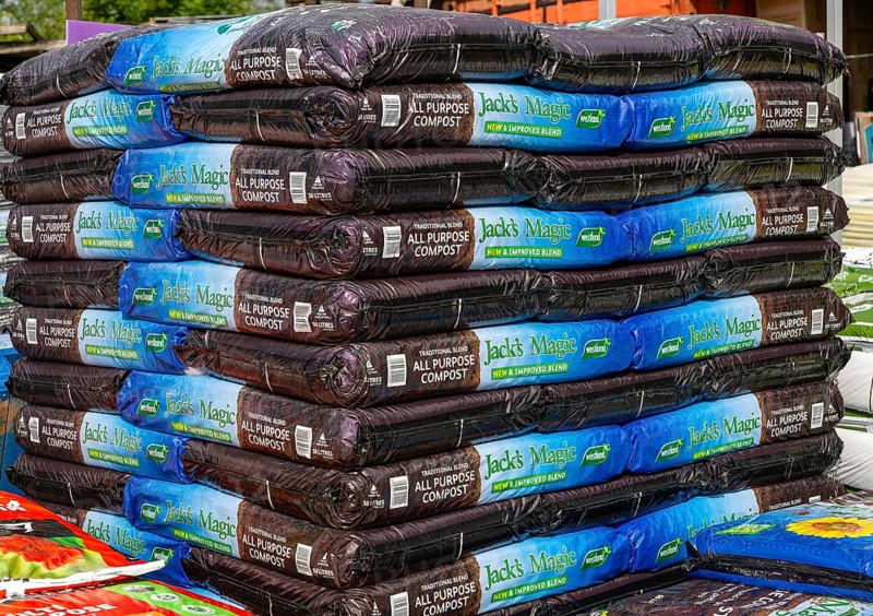 Bags of Jack's Magic All Purpose compost on sale in garden centre
