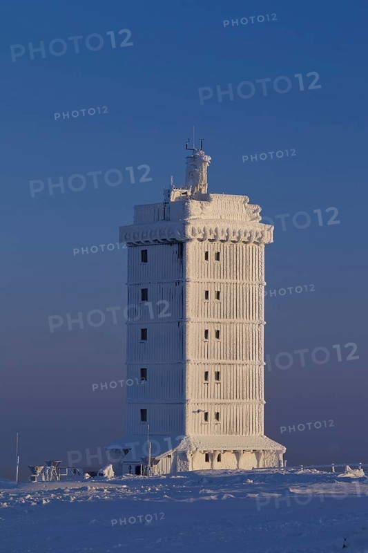 The Brocken weather station on the Brocken in the snow in winter