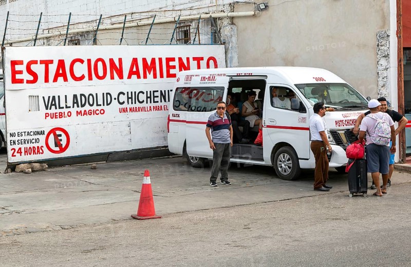 Collective bus taxi station for transport to Chichen Itza