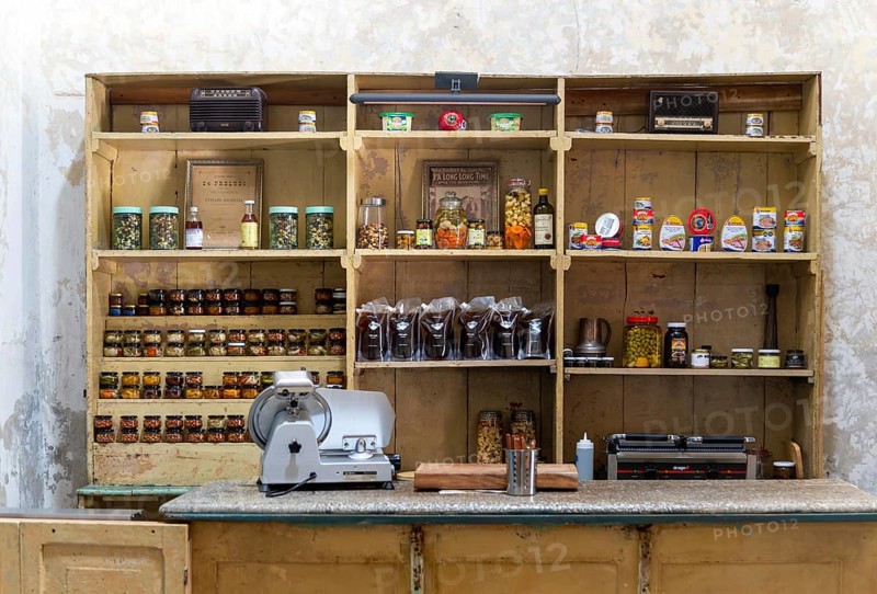Retro shop shelves inside VANA wine bar cafe