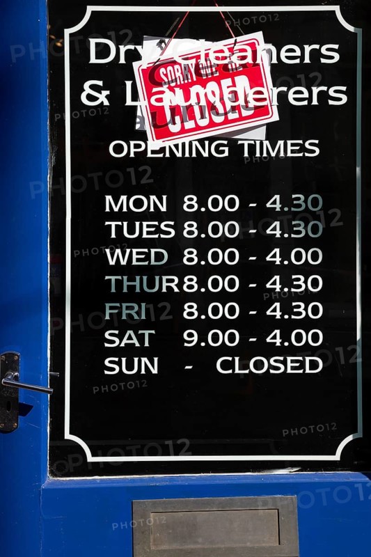 Shop business opening hours Sunday closed