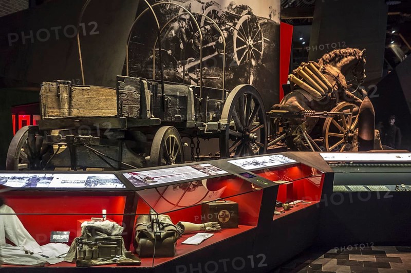 Old wooden cart and First World War One weapons and findings at the In Flanders Fields Museum