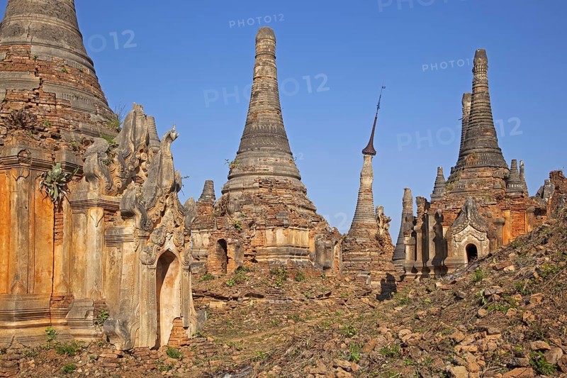 Ancient red brick Buddhist stupas near the village In Dein
