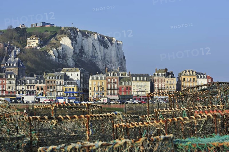 Lobster traps and view over the town Le Treport