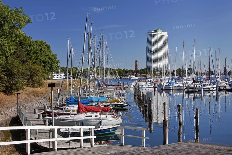 The Maritim Hotel and sailing boats in marina at Travemuende