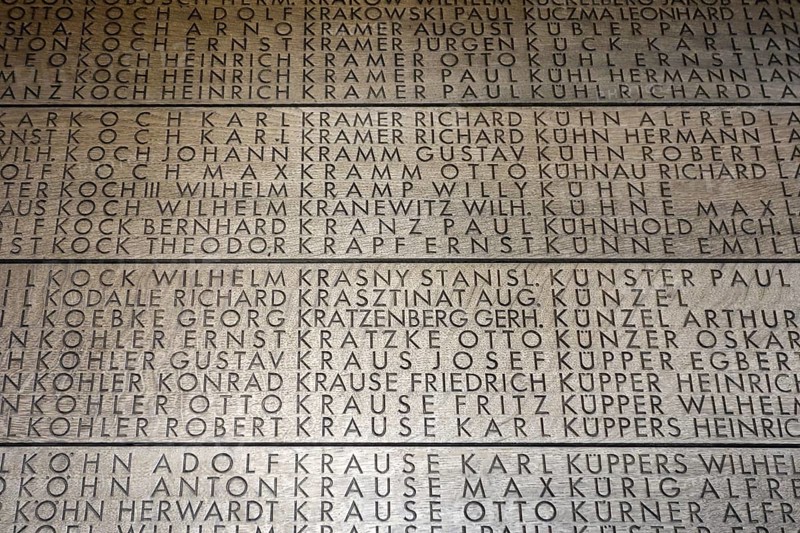 Names of fallen German soldiers at the First World War One military cemetery Deutscher Soldatenfriedhof Langemark