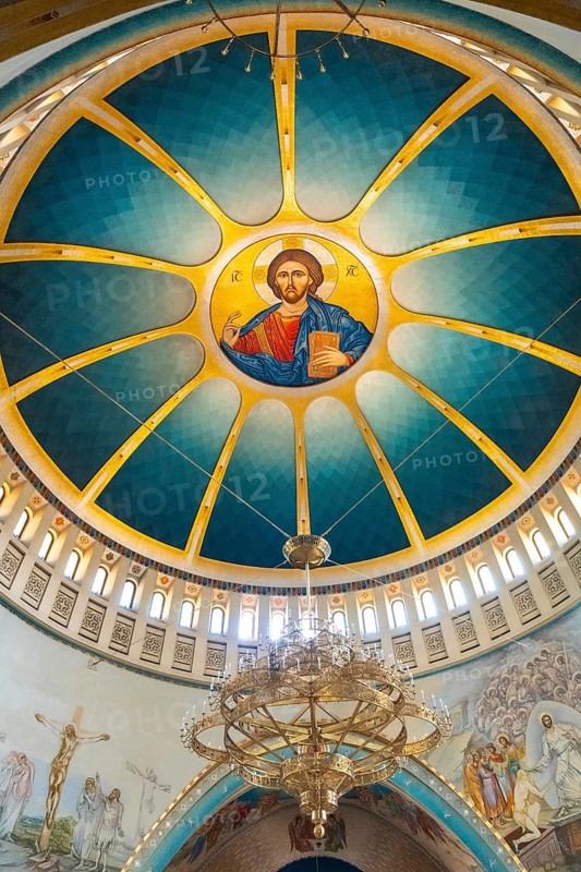 Ceiling painting of Christ in the Orthodox Cathedral of the Resurrection of Christ near Skanderbeg Square in Tirana. Albania
