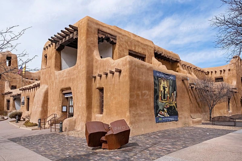 New Mexico Museum of Art by architect Isaac Rapp in adobe Pueblo Revival style in Santa Fe