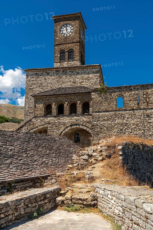 Detail of the Clock Tower in the Ottoman Castle Fortress of Gjirokaster or Gjirokastra. Albanian