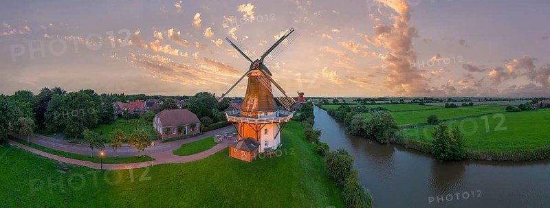 Aerial view of the twin mills at the Old Greetsiel Low Seal