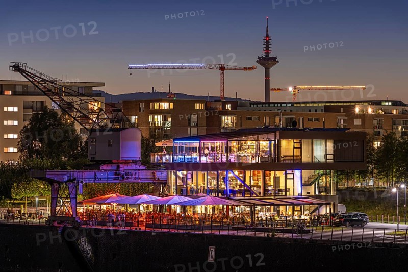 The lights of the Ooosten restaurant in Frankfurt's Osthafen area