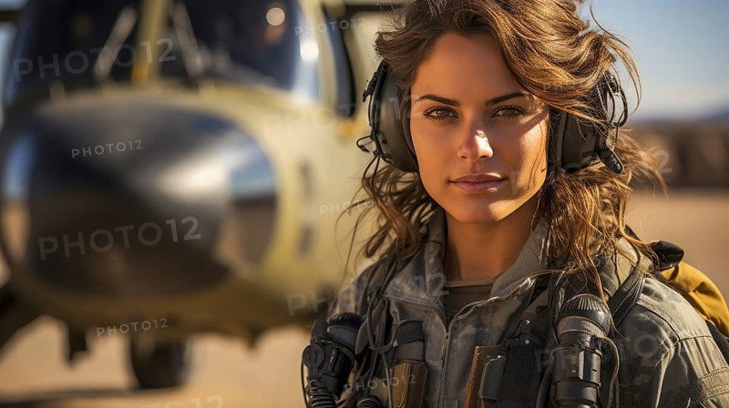 Female military helicopter pilot standing near her aircraft