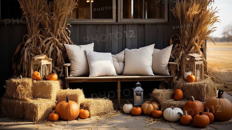 Fall and autumn beautifully decorated barn sitting area with pumpkins
