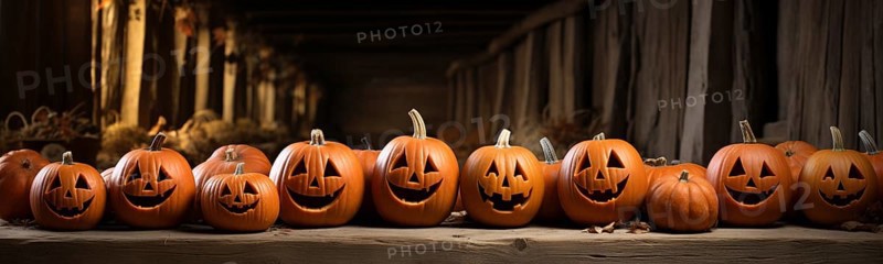 Spooky and fun collection of dozens of halloween carved pumpkins outside on hallows eve