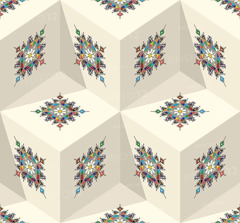 Decorative geometric repeating pattern inspired by Al-Qatt Al-Asiri traditional paintings