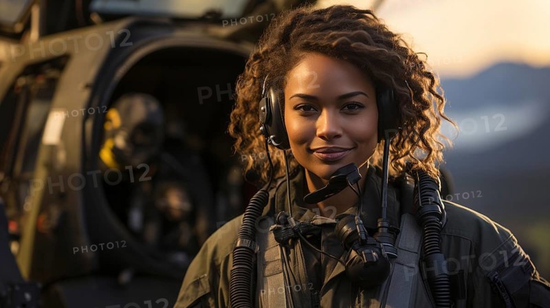 Female african american military helicopter pilot standing near her aircraft