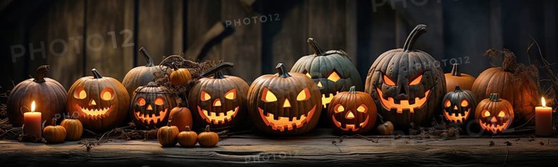 Spooky and fun collection of dozens of halloween carved pumpkins outside on hallows eve