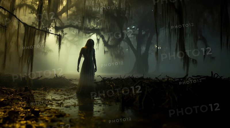 Ghostly female figure silhouette standing or walking amidst the spooky halloween fog outside