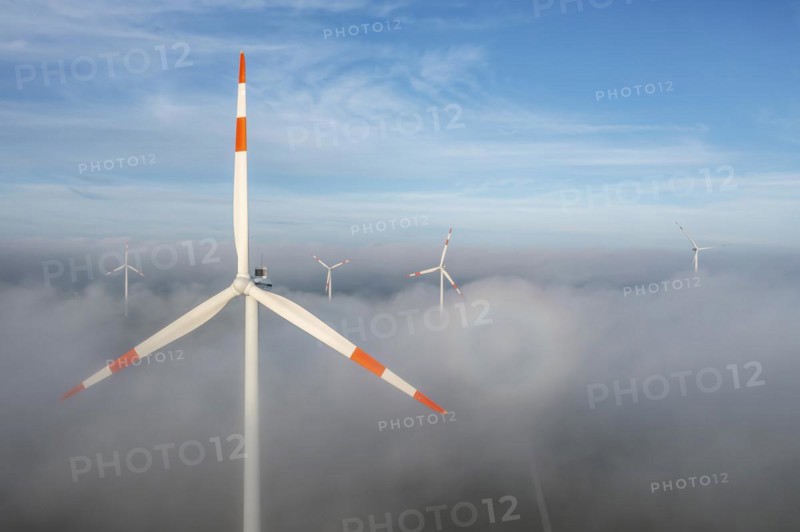 Tomerdingen wind farm in the Swabian Alb. Fog is rolling in