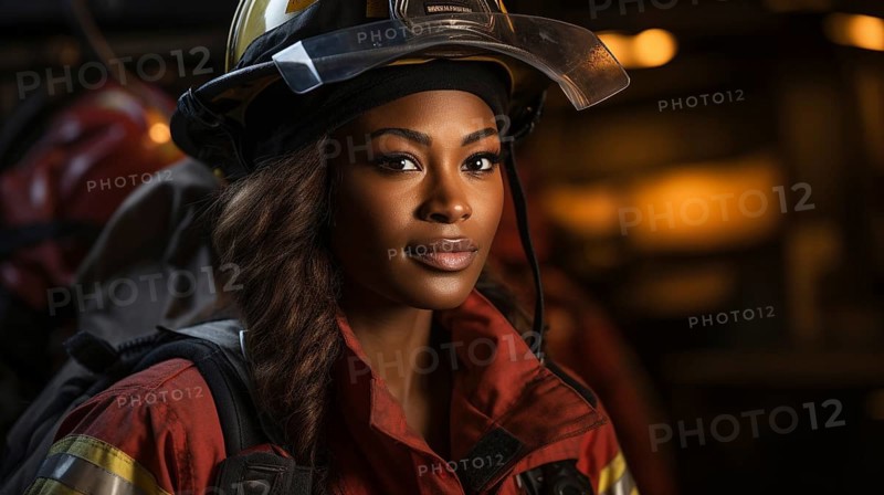 Female african american firefighter wearing protective helmet and gear at a fire incident