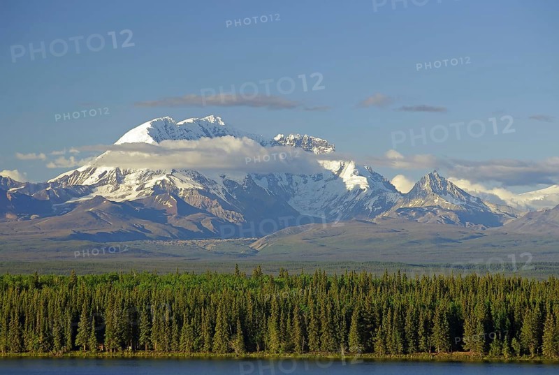 View of lake and snow-capped mountains