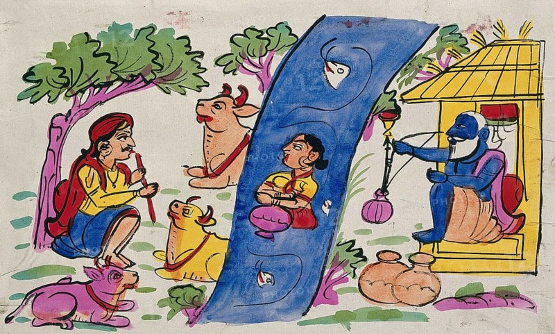 Krishna playing his flute for the cows and Radha immersed in the river while an old man smoking a hookah looks on