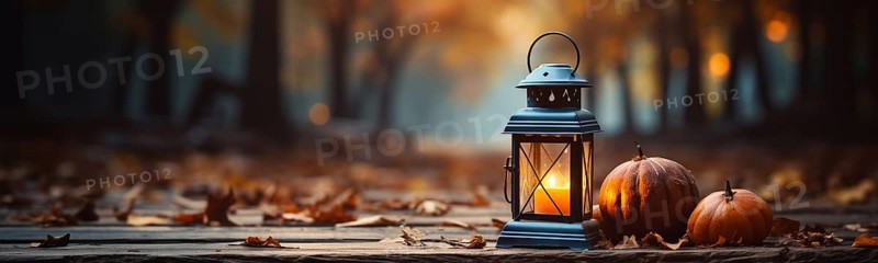 Warm and inviting lit vintage lantern resting on wood planks base outdoors in a fall setting