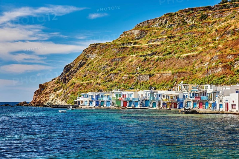 Colorful village of Klima with Greek whitewashed houses on sunny day