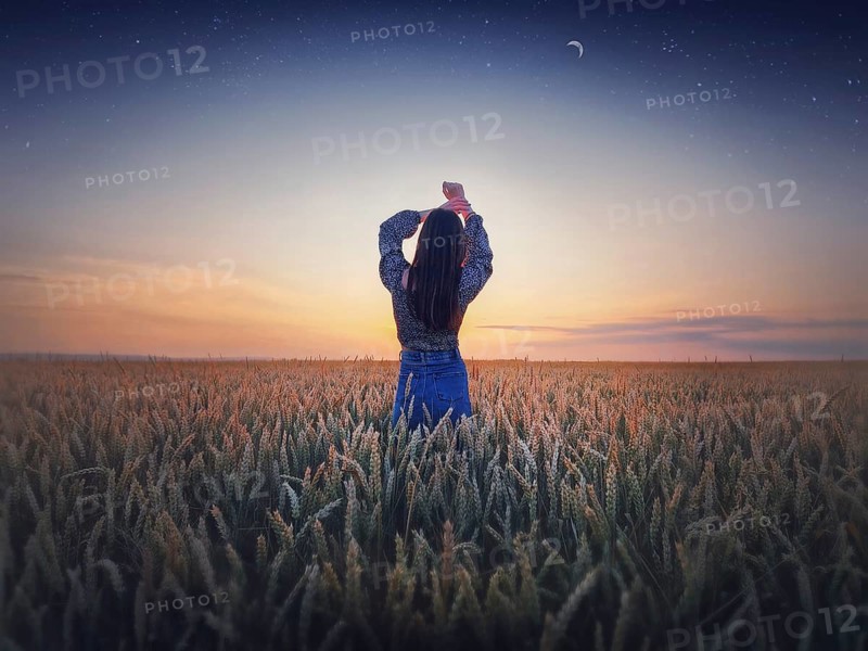 Girl in the golden wheat field at sunset. Beautiful twilight scenery under the summer starry sky with crescent moon. Magical natural scene