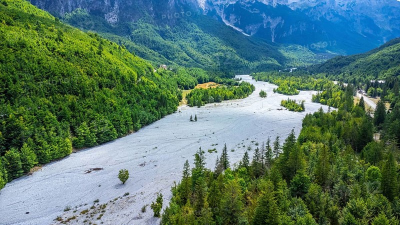 Panoramic aerial drone view of Valbona valley