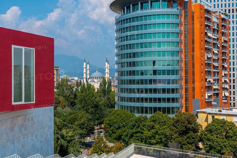 Very modern buildings seen from the Pyramid of Tirana near Skanderbeg Square in Tirana. Albania