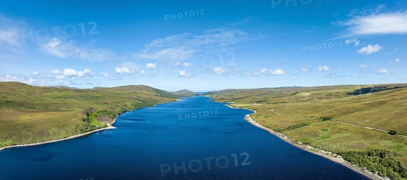 Aerial panorama of Loch Hope in the Northern Highlands