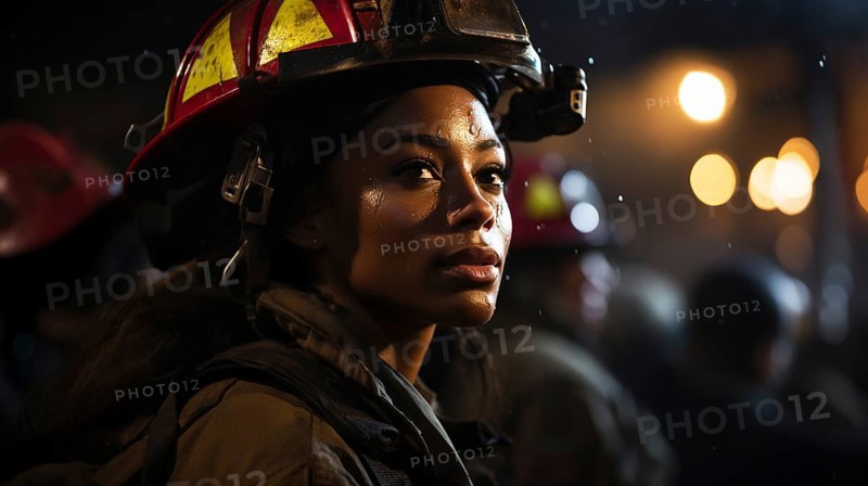 Female african american firefighter wearing protective helmet and gear at a fire incident