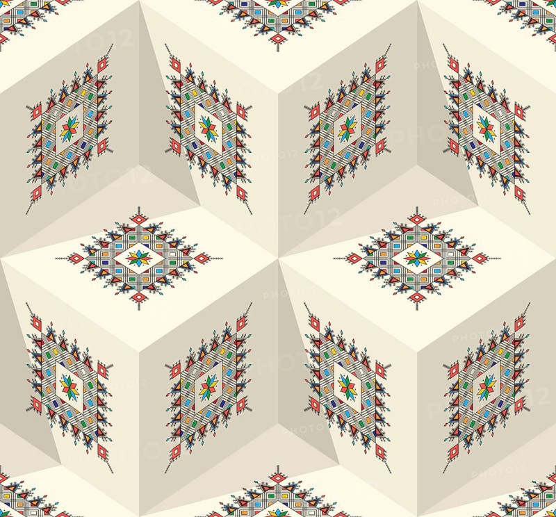 Decorative geometric repeating pattern inspired by Al-Qatt Al-Asiri traditional paintings