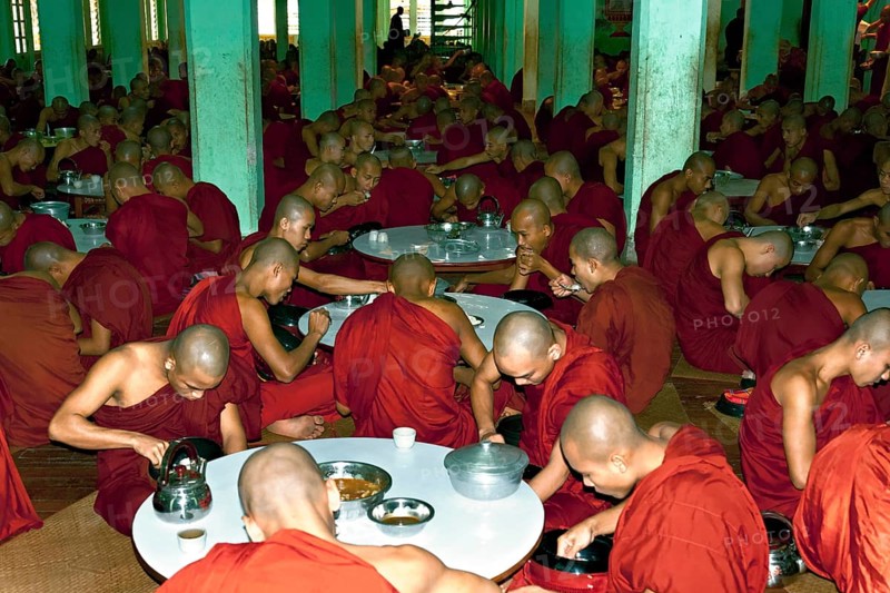 Monks having lunch at Bago Monastery School