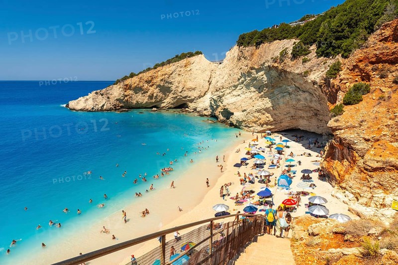 Stairs leading to Porto Katsiki beach on Lefkada island in summer