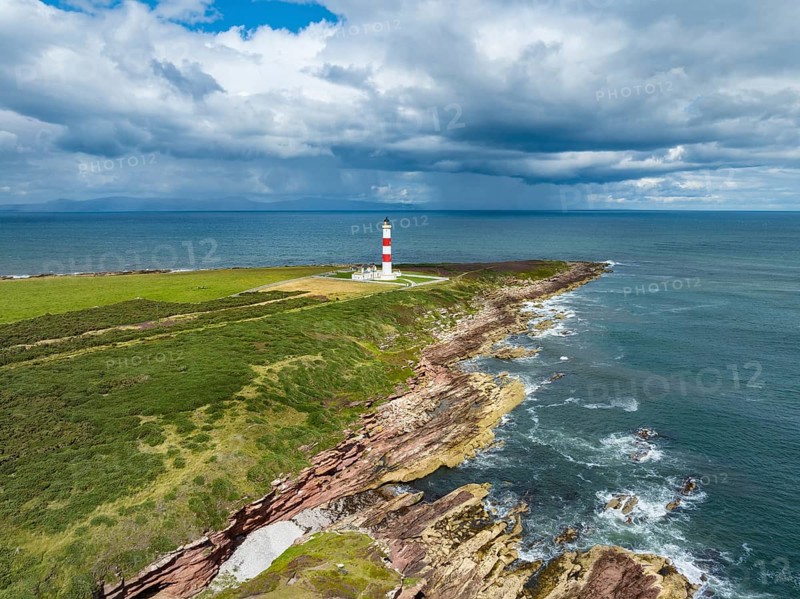 Aerial view of Tarbat Ness Lighthouse on the Moray Firth