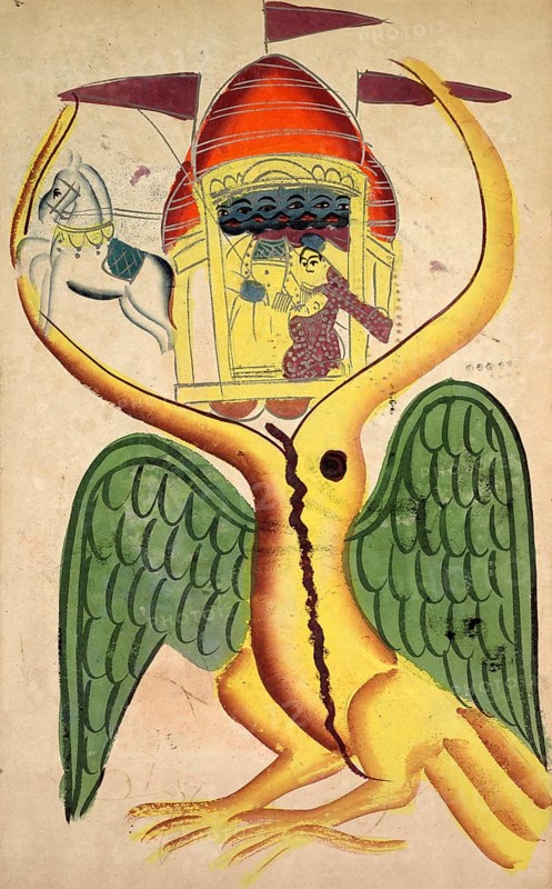 Jatayu obstructs Ravana's chariot and tries to prevent Sita's abduction