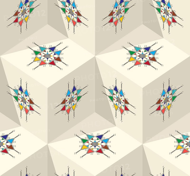 Decorative geometric repeating pattern inspired by Al-Qatt Al-Asiri traditional paintings