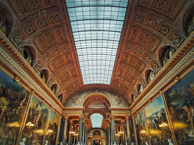 Beautiful architectural details of the Gallery of Great Battles in the palace of Versailles