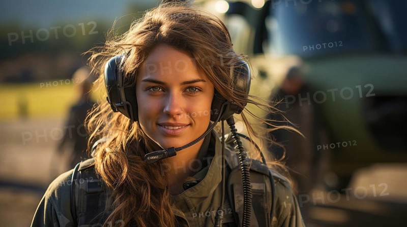 Female military helicopter pilot standing near her aircraft