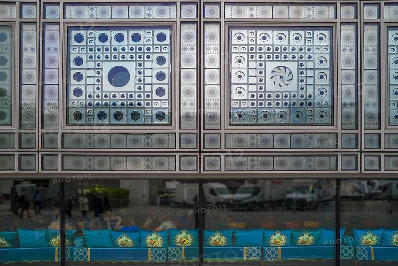 Decorative glass facade and lounge of the Arab World Institute