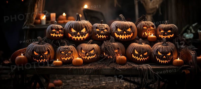 Spooky and fun collection of dozens of halloween carved pumpkins outside on hallows eve
