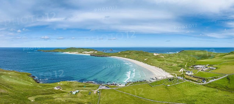 Aerial panorama of Balnakeil Bay with sandy beach and dunes
