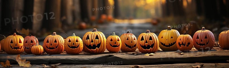 Spooky and fun collection of dozens of halloween carved pumpkins outside on hallows eve