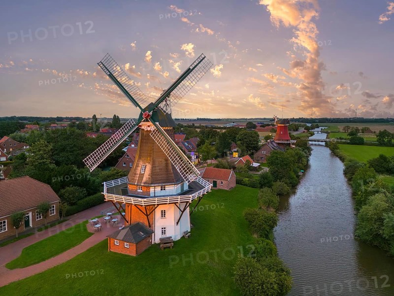Aerial view of the twin mills at the Old Greetsiel Low Seal