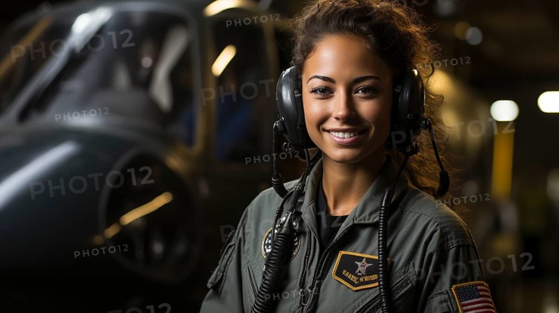 Female african american military helicopter pilot standing near her aircraft
