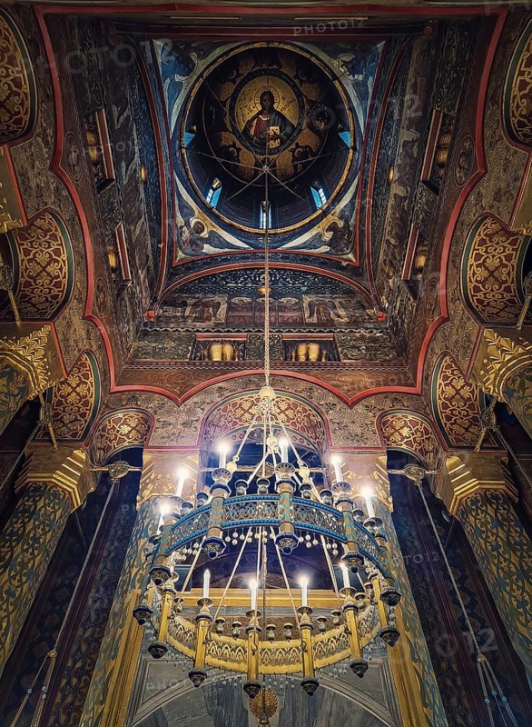 Interior architectural details of the Curtea de Arges monastery. The hall with tall columns
